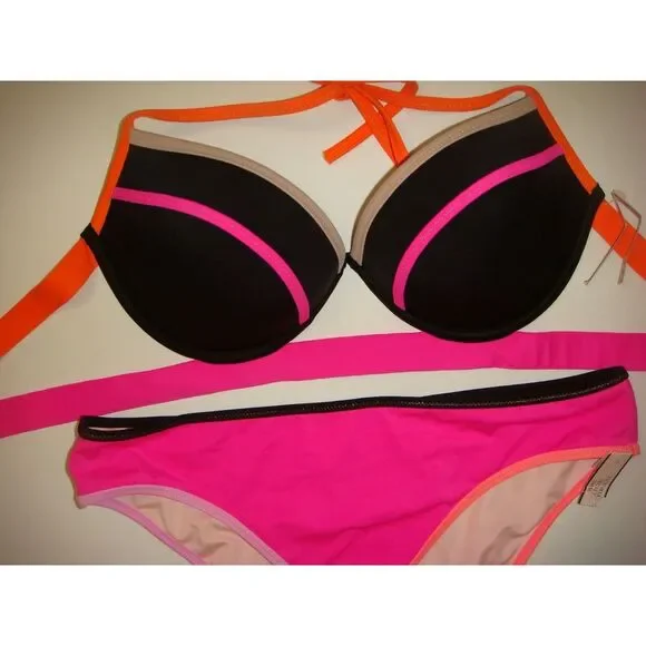 NWT Victoria's Secret 32D,34D,34DD BIKINI S bottom Black Hot Pink ORANGE BANDED - Picture 2 of 3